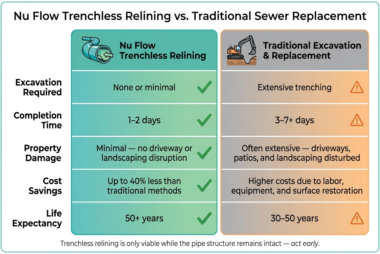 Nu Flow Trenchless Relining vs. Traditional Sewer Replacement