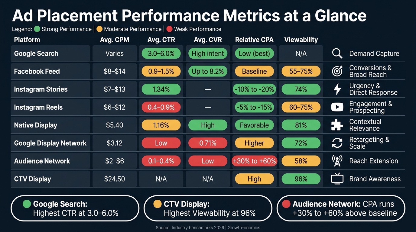 Ad Placement Metrics Comparison: CTR, CVR, CPA & Viewability by Platform