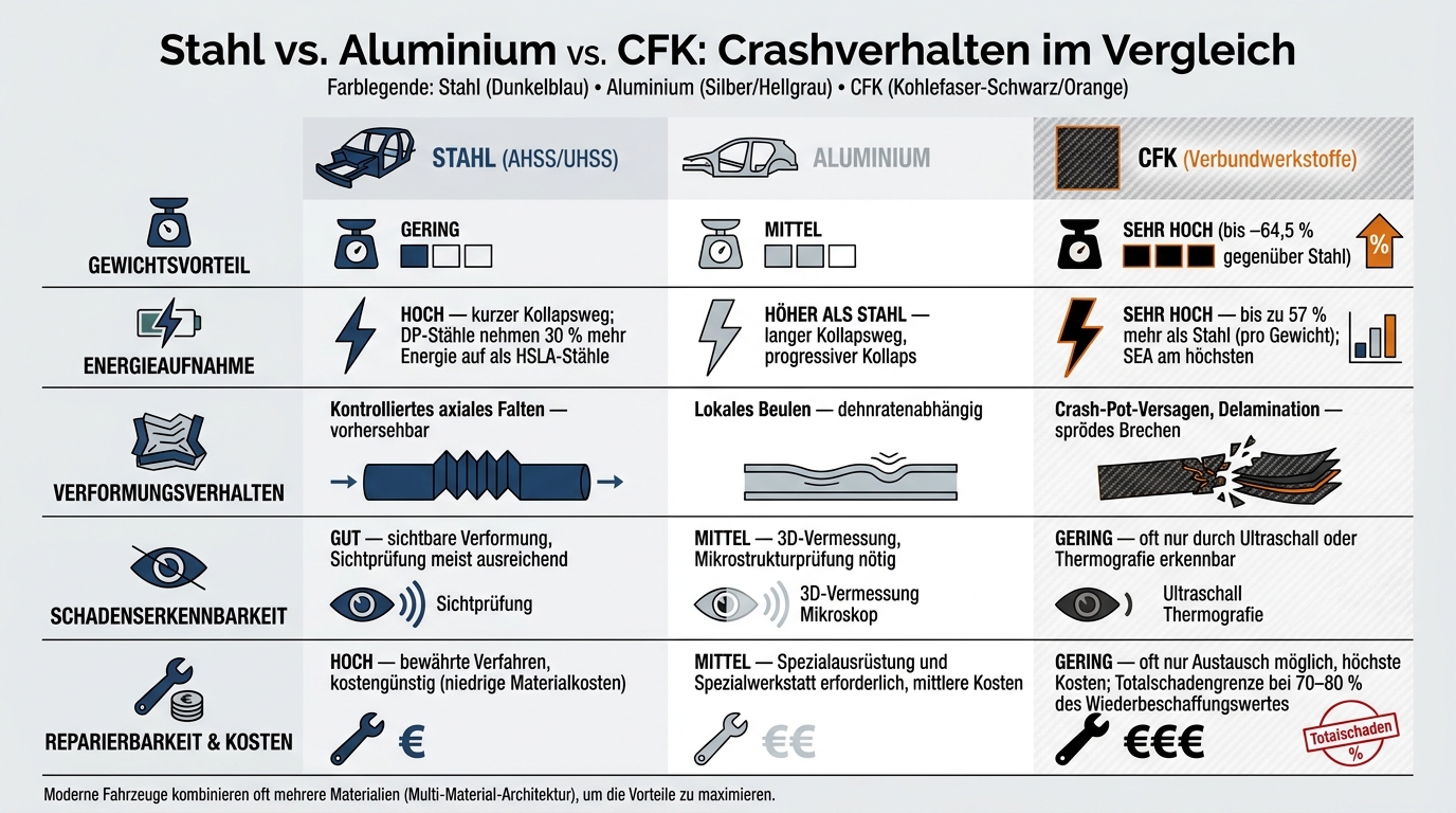 Stahl vs. Aluminium vs. CFK: Crashverhalten & Reparierbarkeit im Vergleich