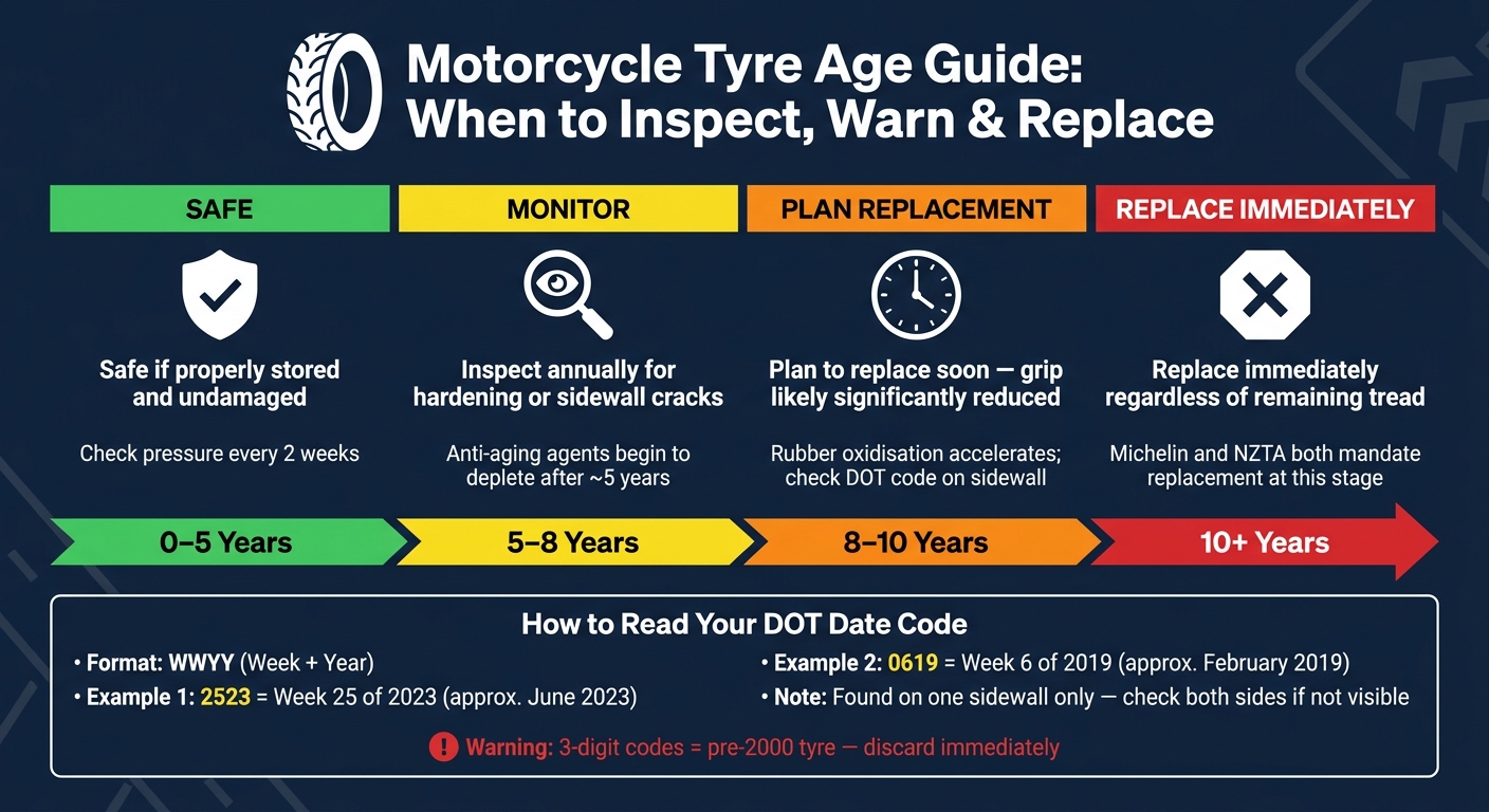 Motorcycle Tyre Age Guide: When to Inspect, Warn & Replace