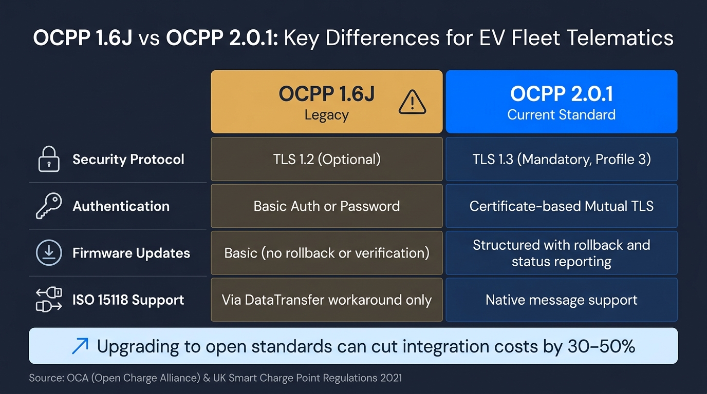 OCPP 1.6 vs OCPP 2.0.1: EV Telematics Security & Features Compared
