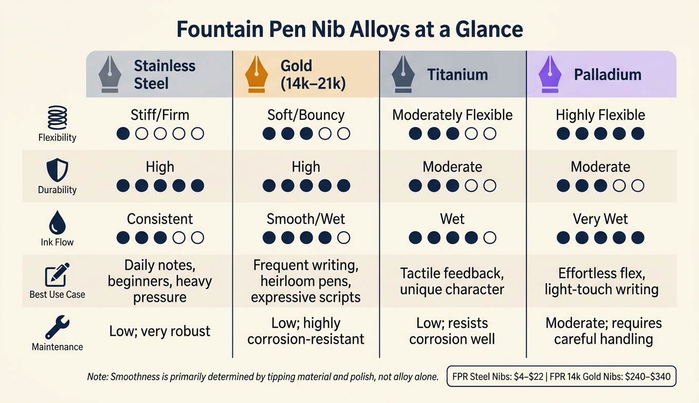 Fountain Pen Nib Alloys Compared: Steel vs Gold vs Titanium vs Palladium