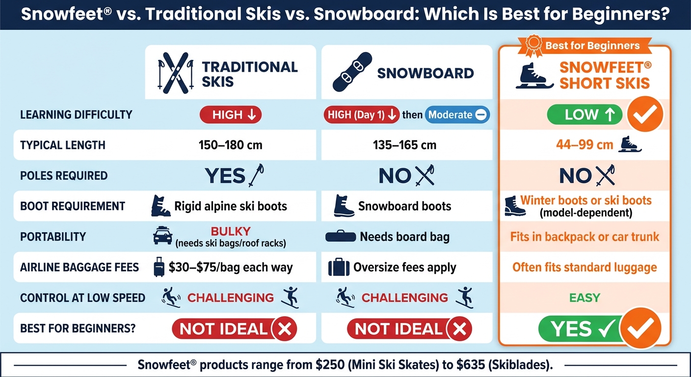 Snowfeet vs Traditional Skis vs Snowboard: Beginner Comparison
