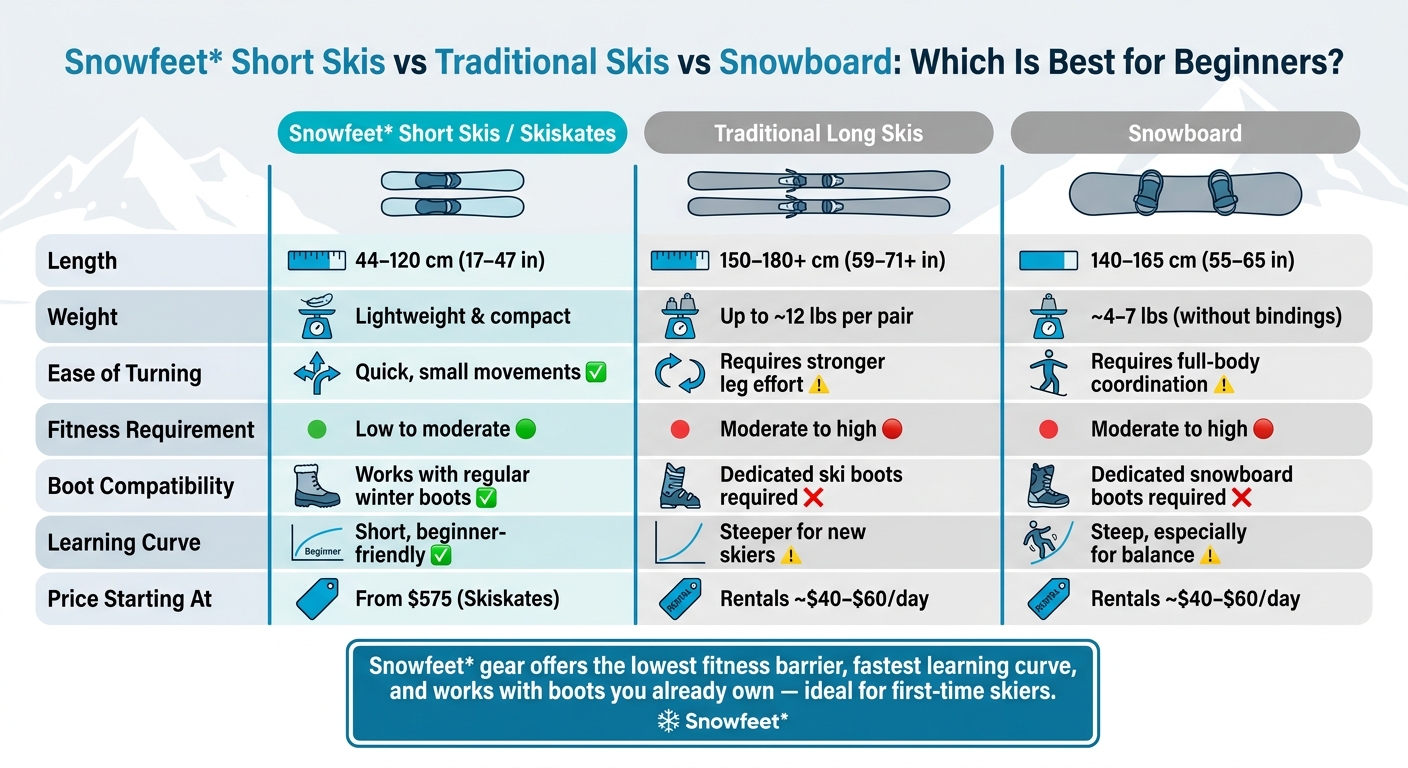 Snowfeet Short Skis vs Traditional Skis vs Snowboard: Beginner Comparison