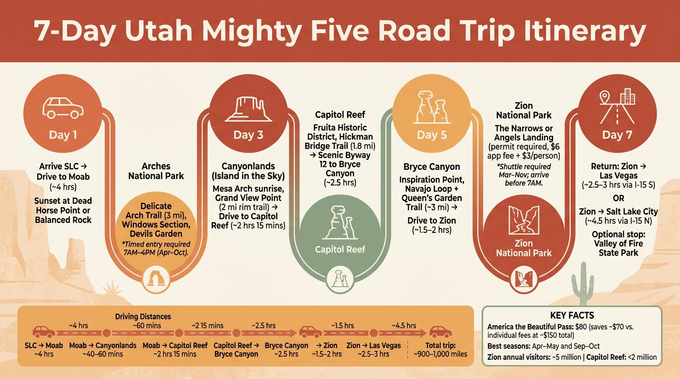 7-Day Utah Mighty Five Road Trip Itinerary at a Glance