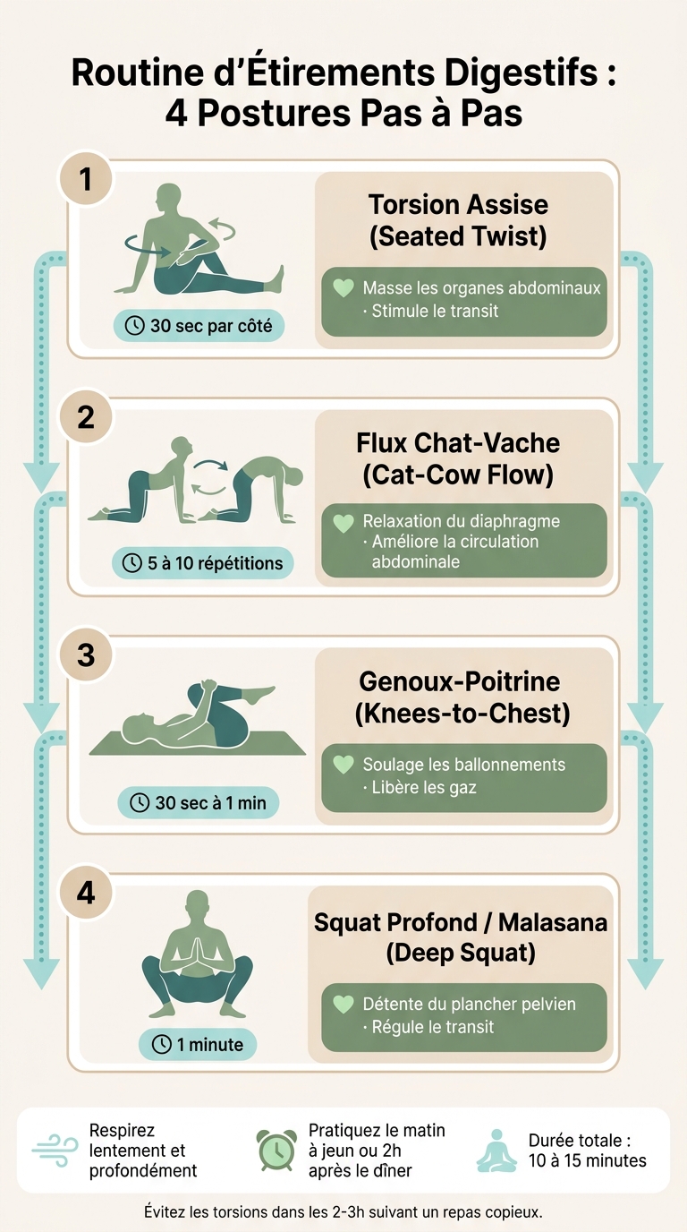 Routine d'Étirements Digestifs : 4 Postures Pas à Pas