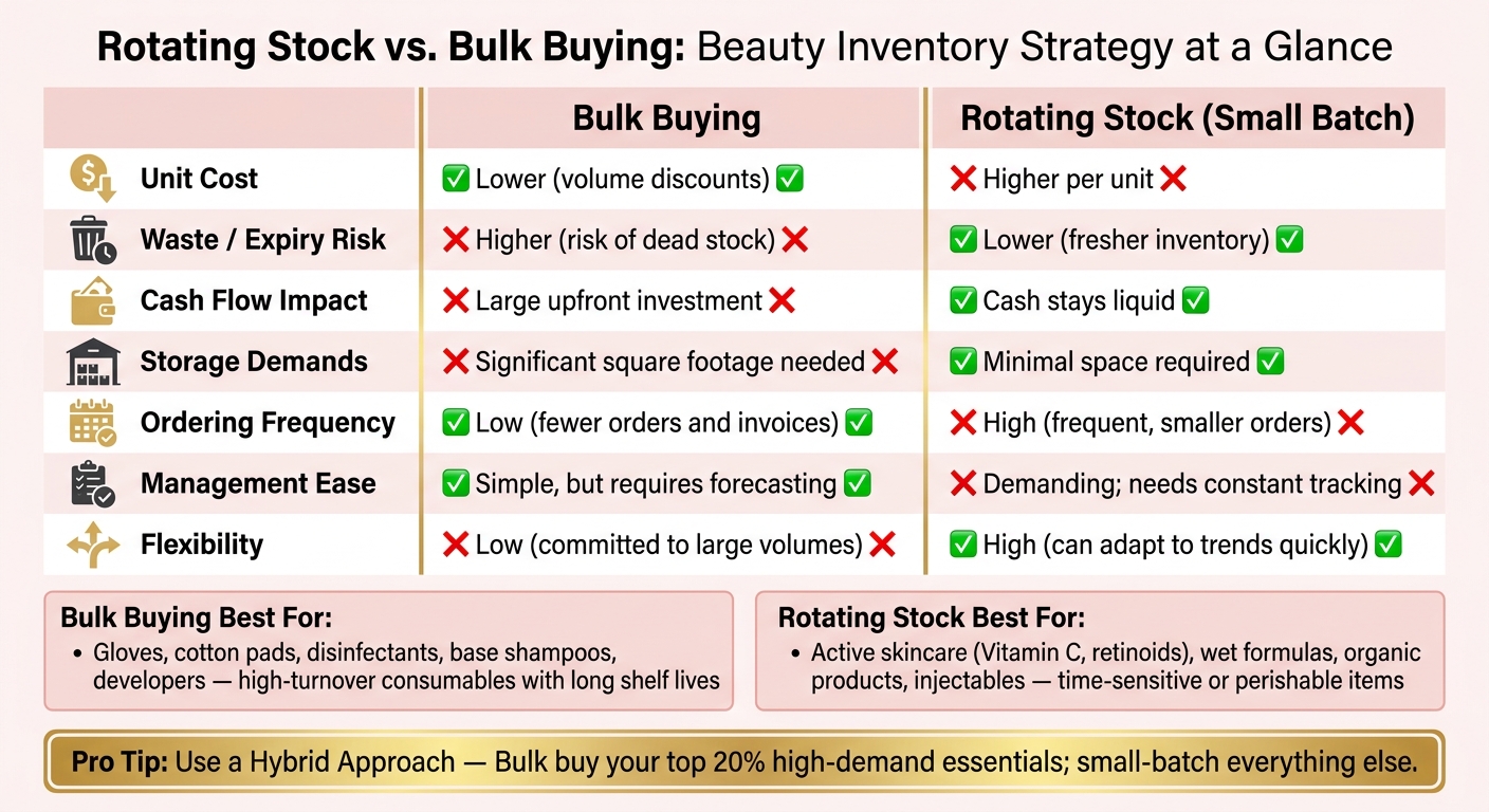 Rotating Stock vs. Bulk Buying: Beauty Inventory Strategy Comparison