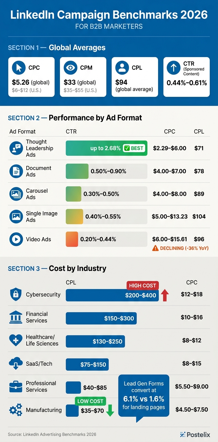 LinkedIn Ad Benchmarks by Industry & Format 2026