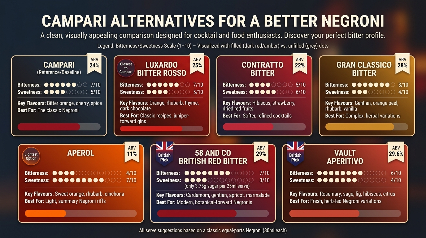 Campari Alternatives for Negroni: Bitters Compared by ABV, Sweetness & Flavour