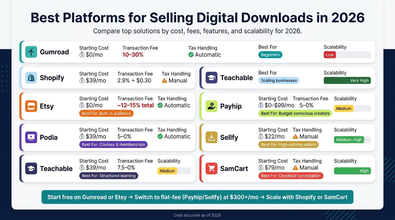 Best Platforms for Selling Digital Downloads in 2026: Side-by-Side Comparison