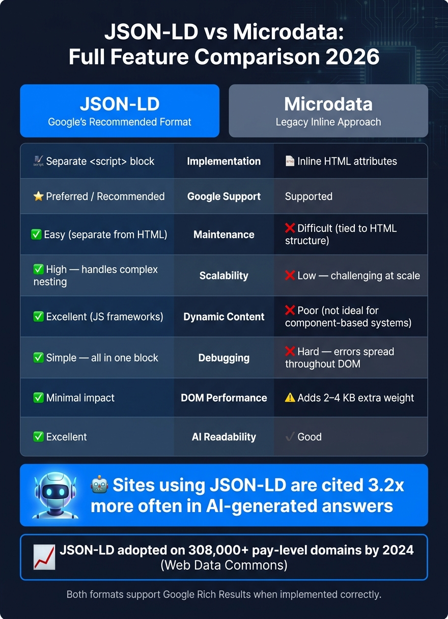 JSON-LD vs Microdata: Full Feature Comparison 2026