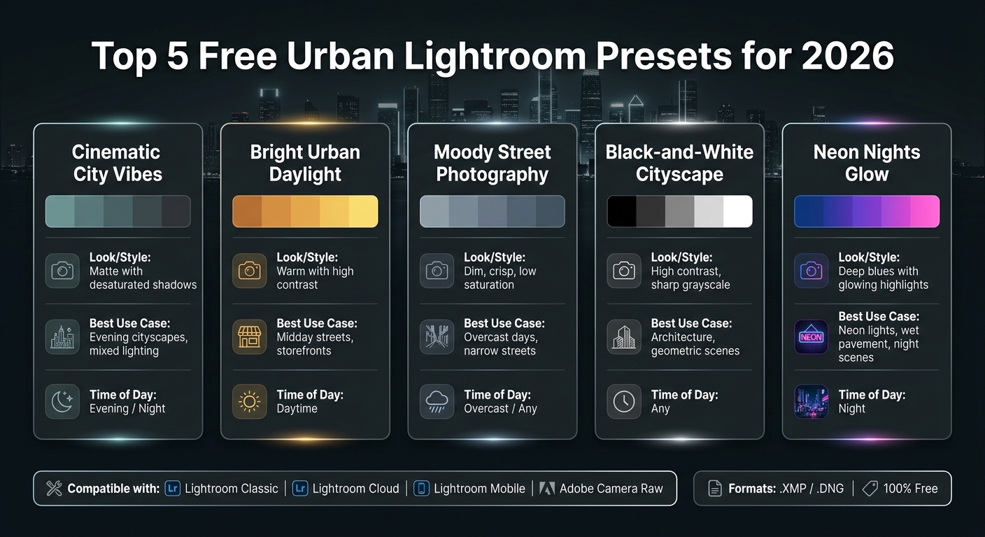 Top 5 Free Urban Lightroom Presets for 2026: Quick Comparison Guide