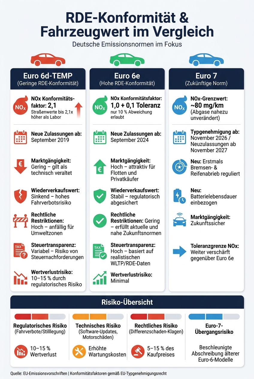 Euro 6d-TEMP vs. Euro 6e vs. Euro 7: RDE-Konformität & Fahrzeugwert im Vergleich