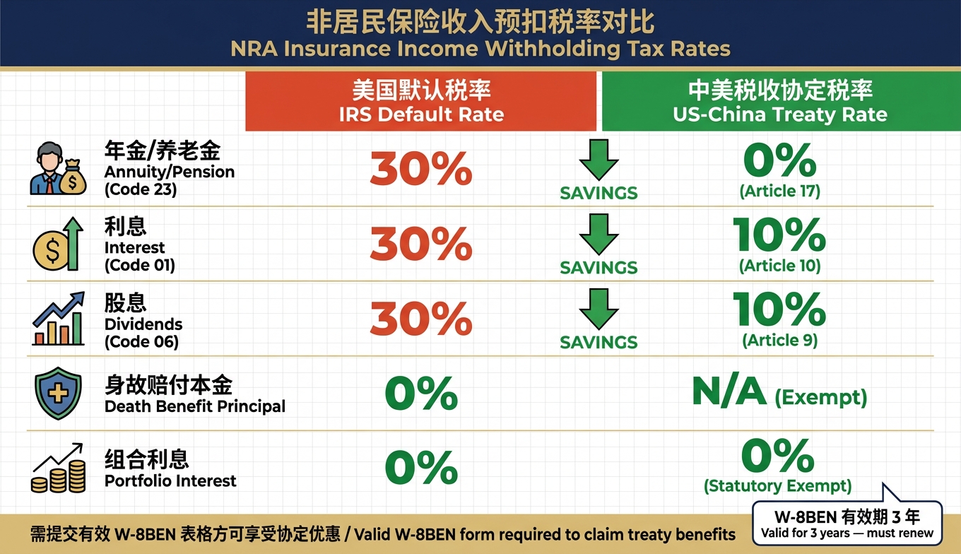 非居民保险持有人税率对比：默认税率 vs 中美协定税率