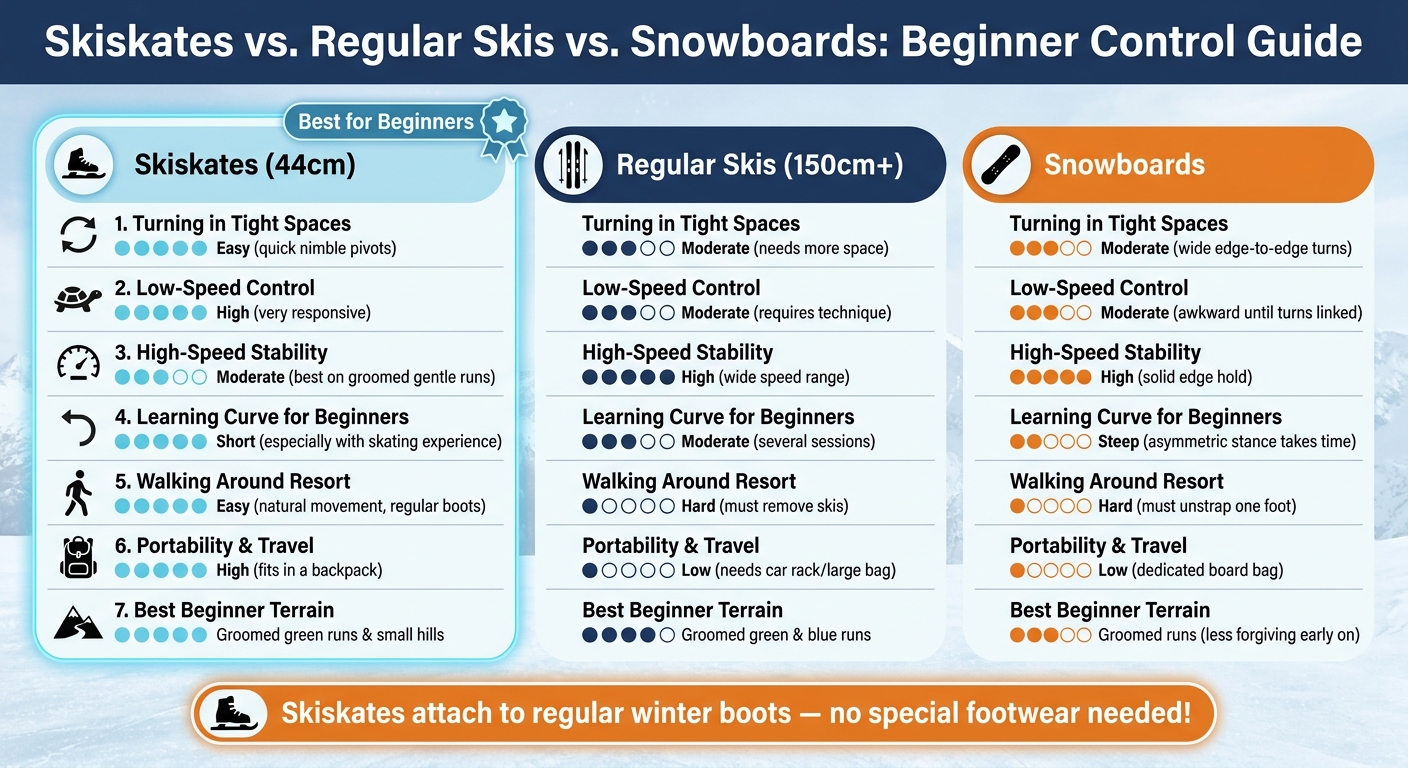 Skiskates vs. Regular Skis vs. Snowboards: Beginner Control Comparison