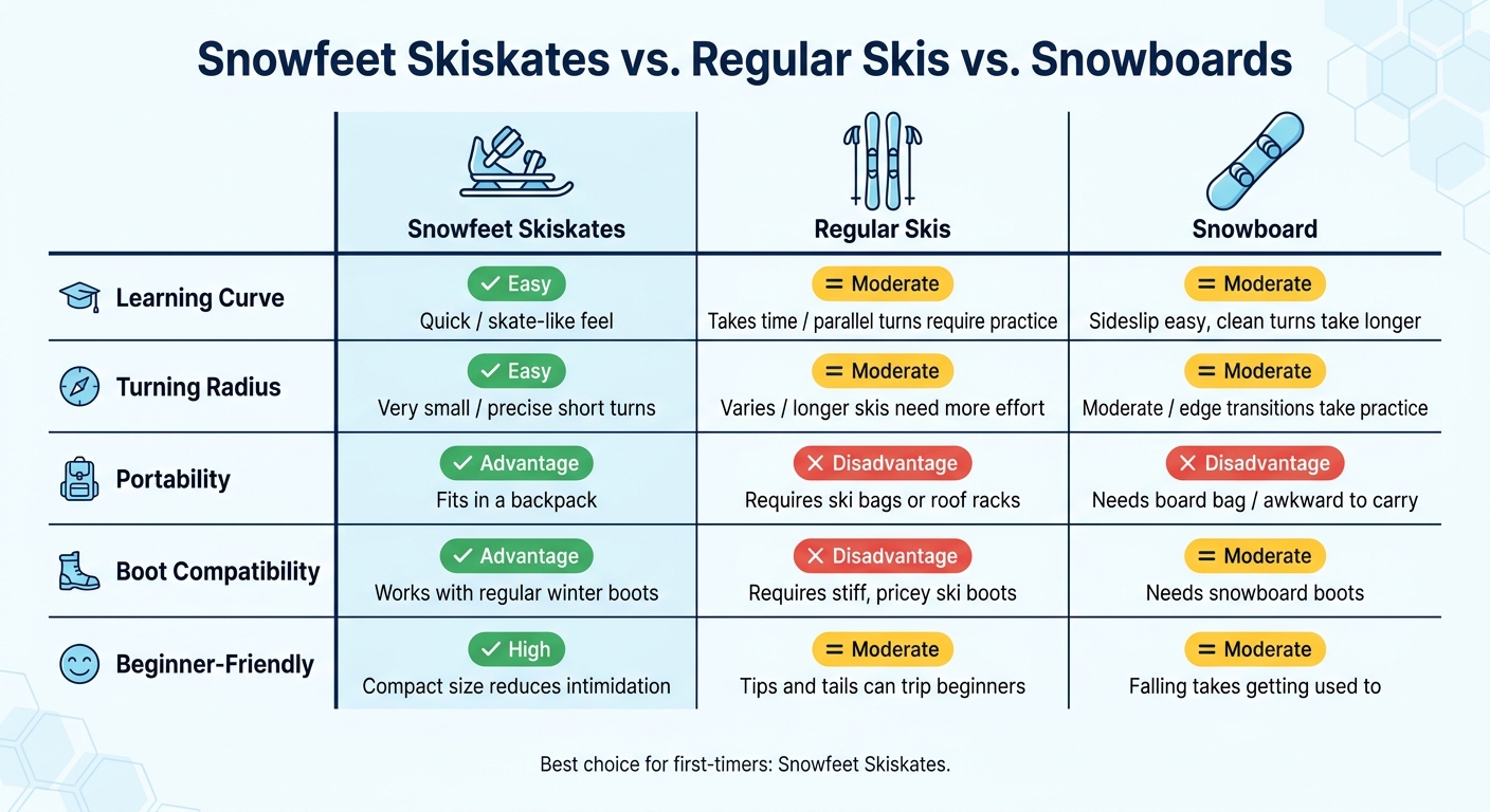 Snowfeet Skiskates vs. Skis vs. Snowboards: Beginner's Comparison