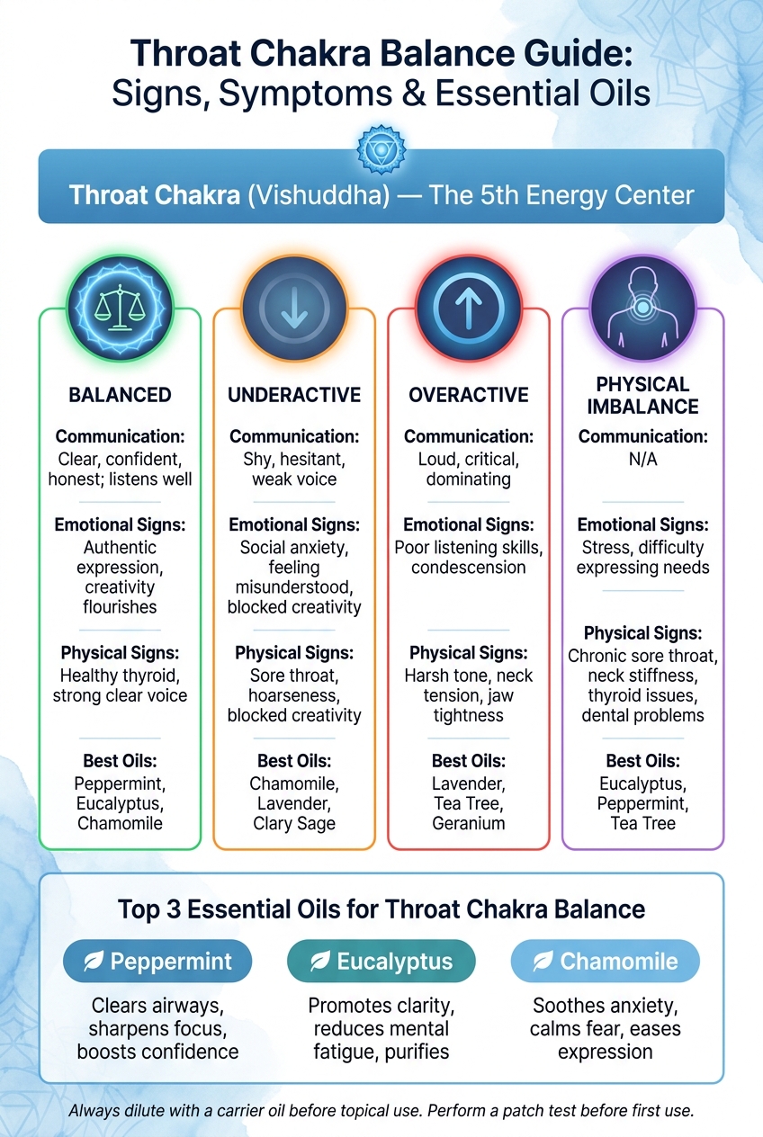 Throat Chakra Balance States: Signs, Symptoms & Essential Oils