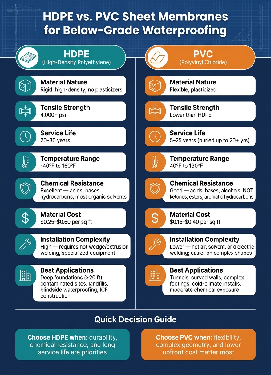 HDPE vs. PVC Sheet Membranes: Below-Grade Waterproofing Comparison