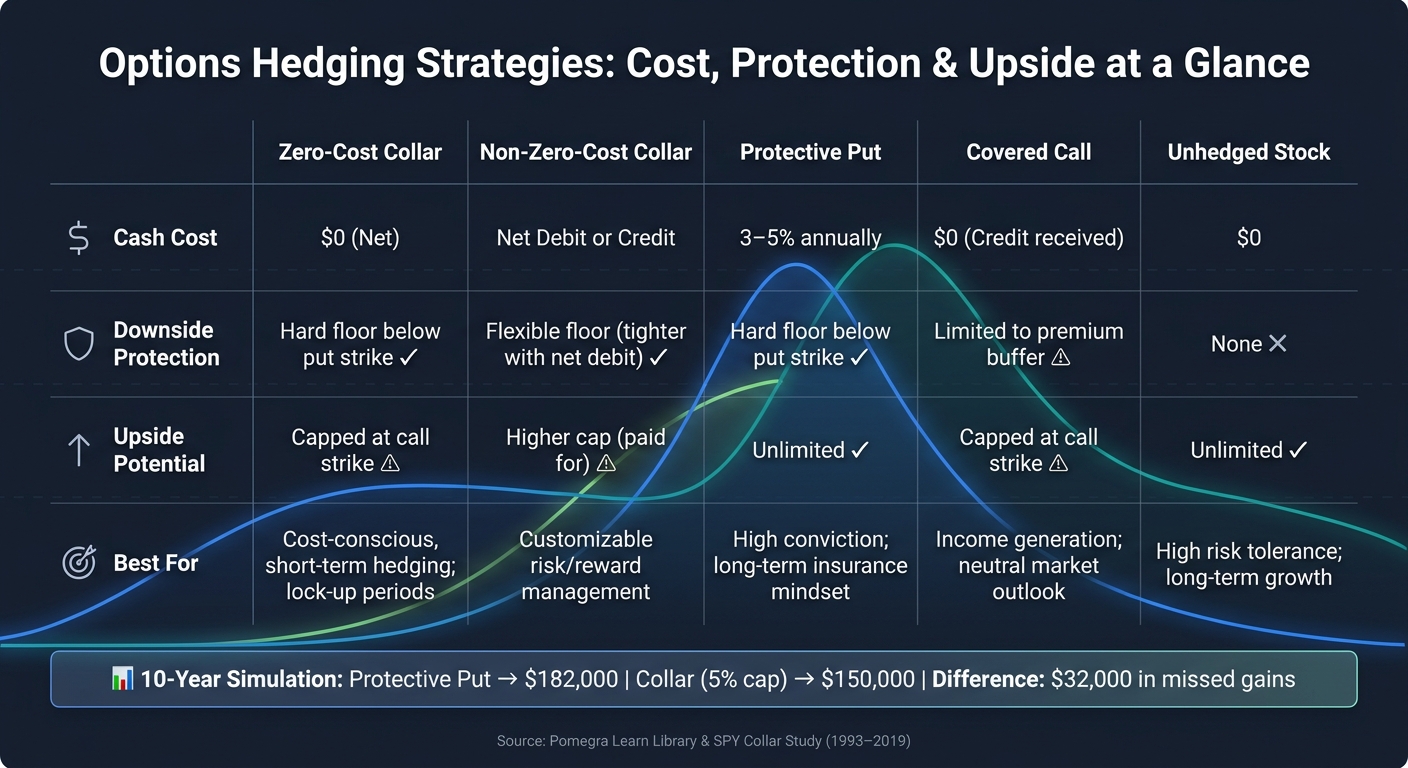 Options Hedging Strategies Compared: Cost, Protection & Upside