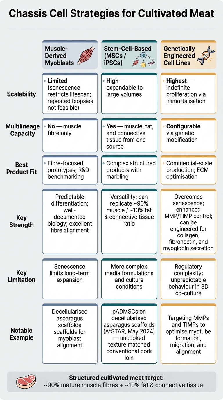 Chassis Cell Strategies for Cultivated Meat: A Side-by-Side Comparison