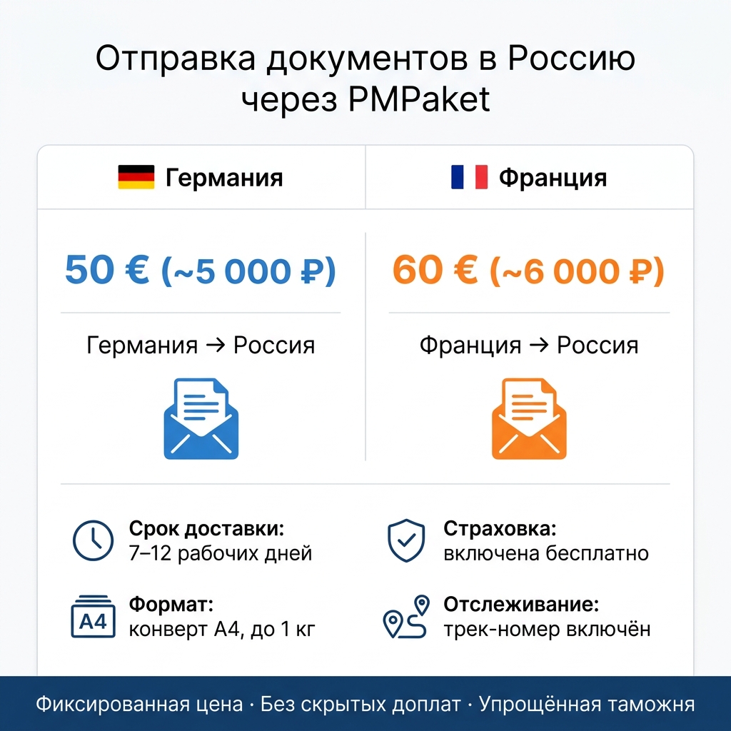 Стоимость отправки документов в Россию из Европы 2026