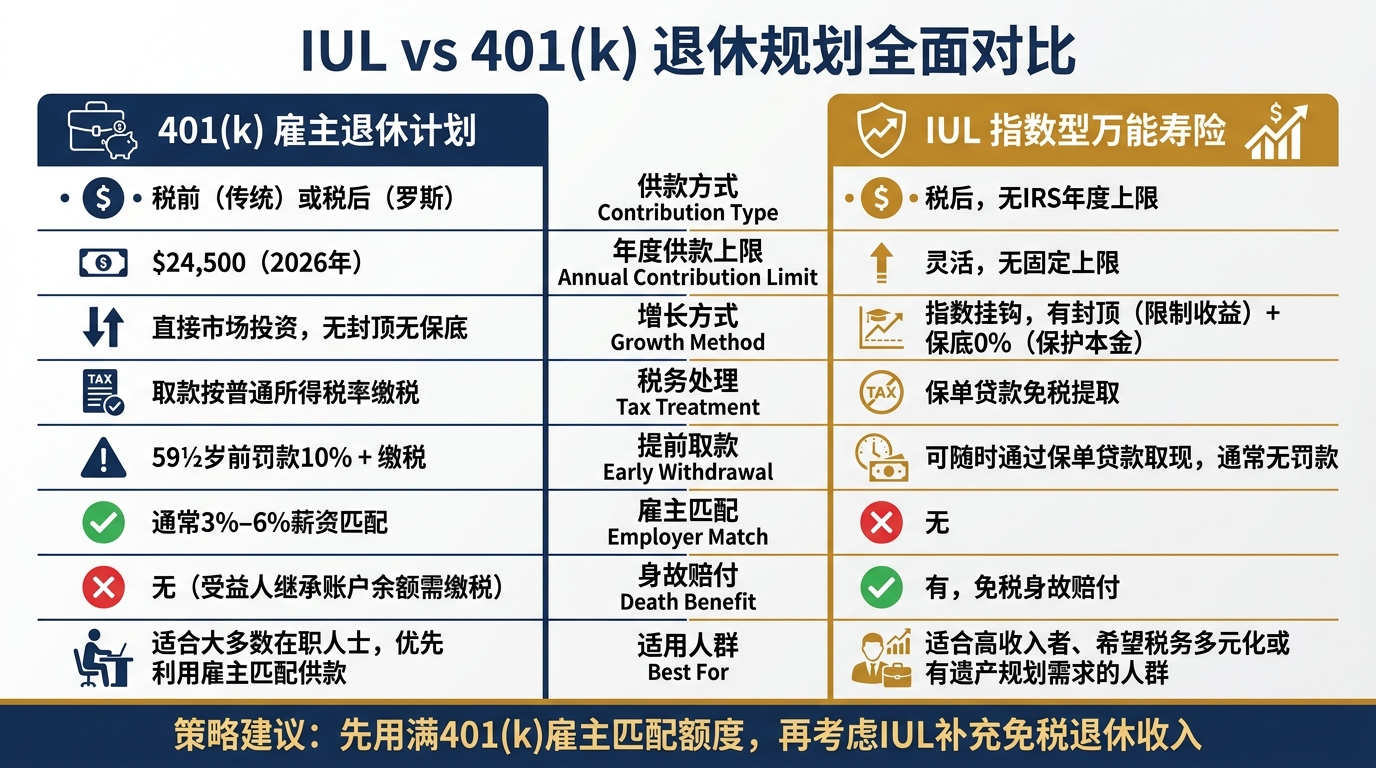 IUL vs 401(k) 退休规划全面对比