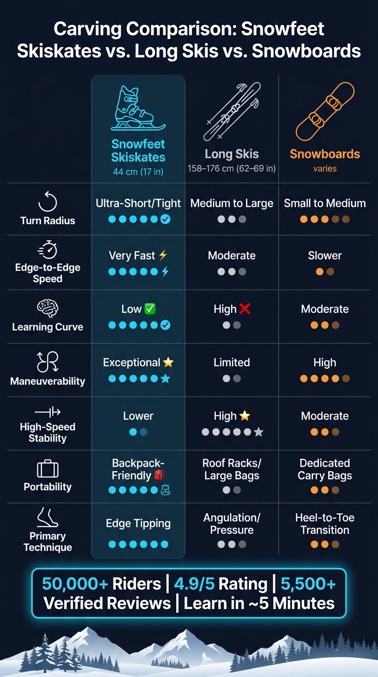 Snowfeet Skiskates vs. Long Skis vs. Snowboards: Carving Comparison