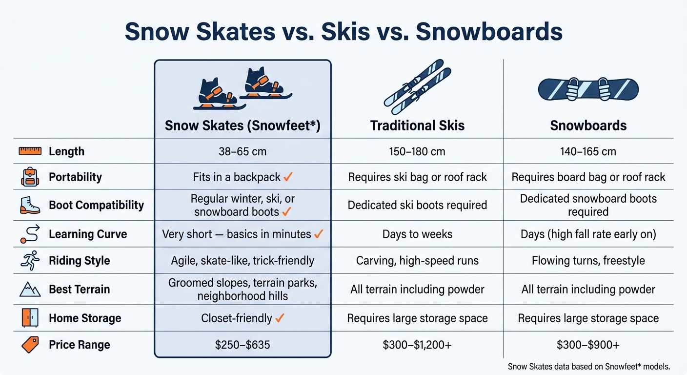 Snow Skates vs. Skis vs. Snowboards: Side-by-Side Comparison