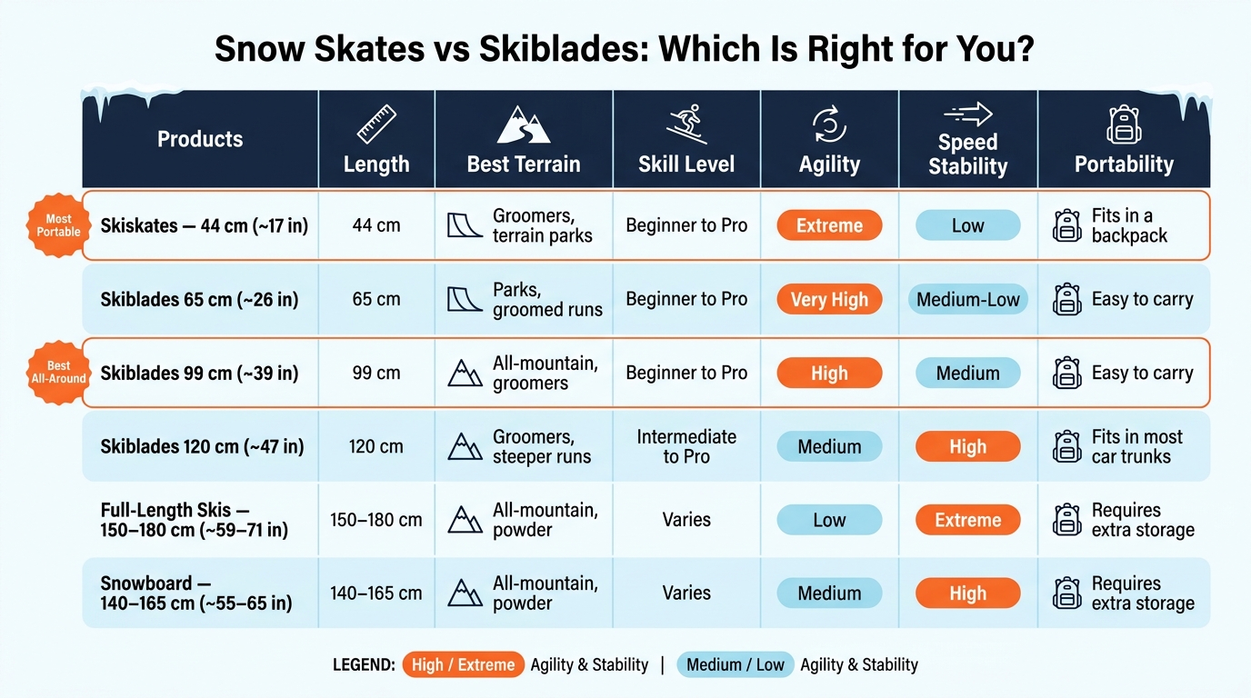 Snow Skates vs Skiblades: Full Comparison Chart