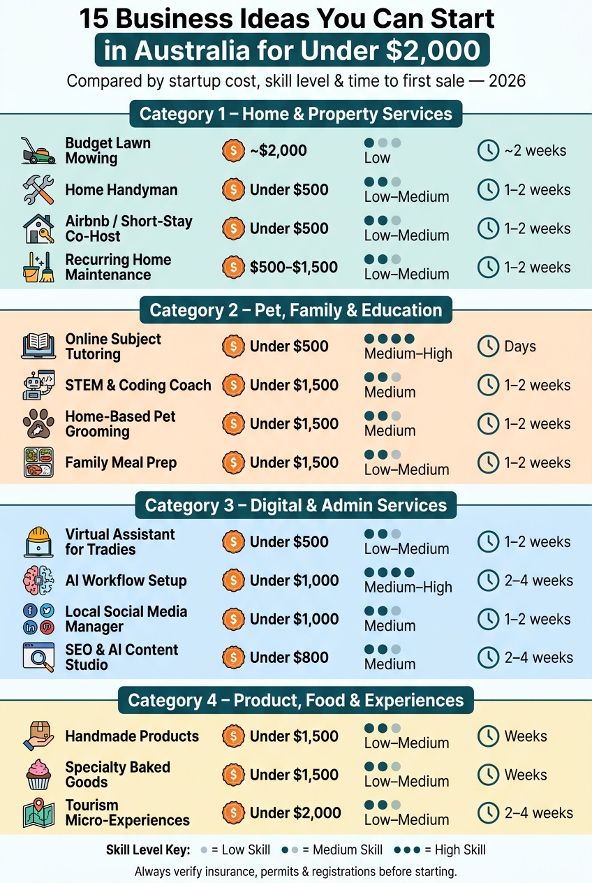 15 Low-Cost Business Ideas in Australia Under $2,000 (2026)