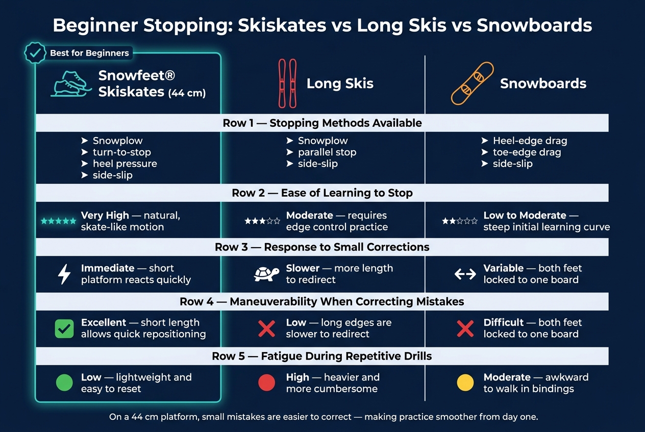 Skiskates vs Long Skis vs Snowboards: Beginner Stopping Comparison