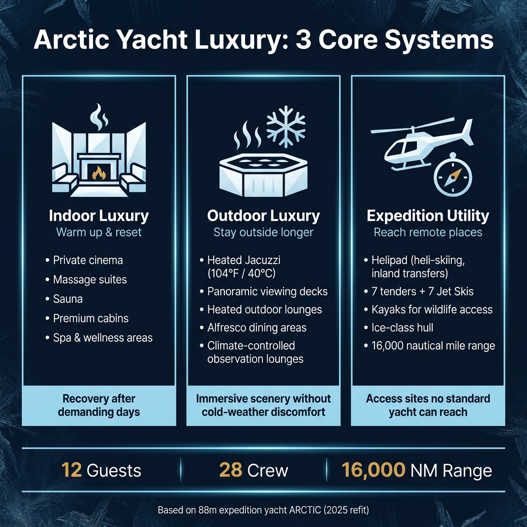 Arctic Yacht Luxury: Indoor Comfort vs. Outdoor Comfort vs. Expedition Utility