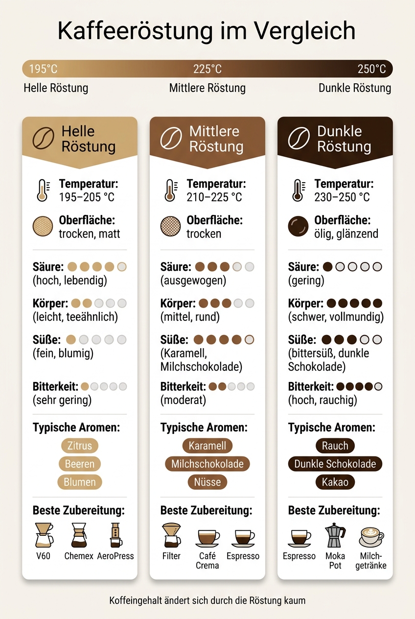Kaffeeröstung im Vergleich: Hell, Mittel & Dunkel