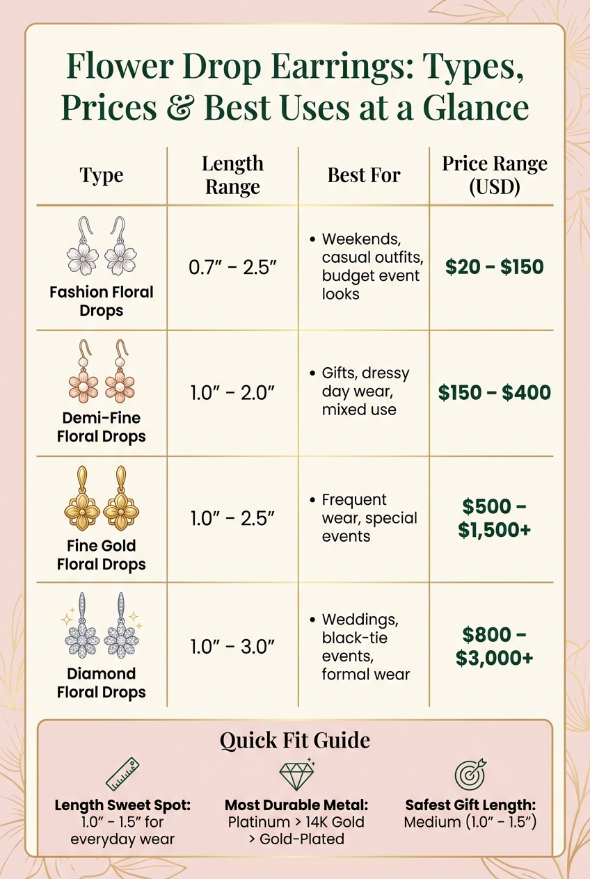 Flower Drop Earrings: Types, Prices & Best Uses at a Glance