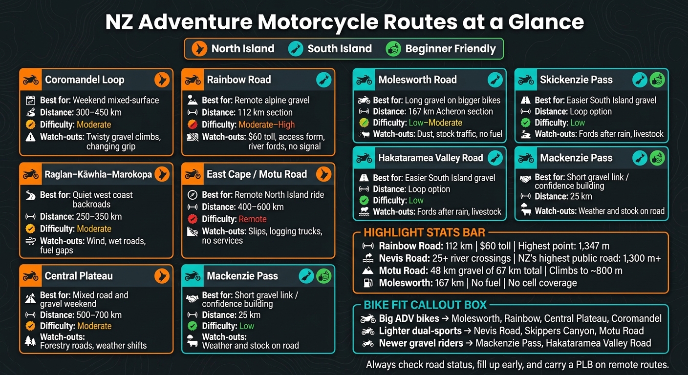 NZ Adventure Motorcycle Routes: Quick Comparison Guide