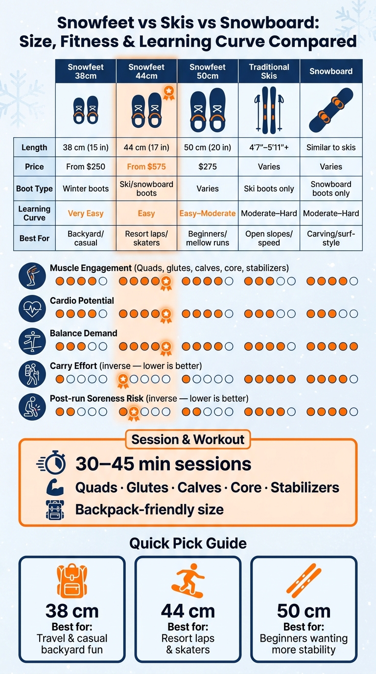 Snowfeet vs Skis vs Snowboard: Size, Fitness & Learning Curve Compared