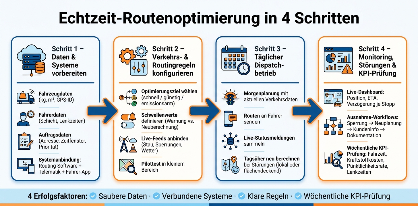 Echtzeit-Routenoptimierung: 4-Schritte-Prozess im Überblick