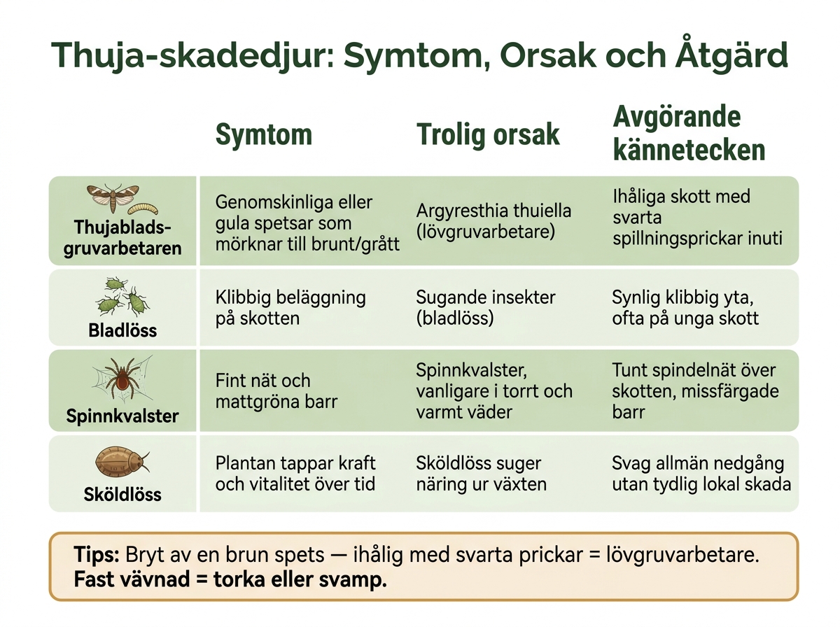 Thuja-skadedjur: Symtom, Orsak och Åtgärd