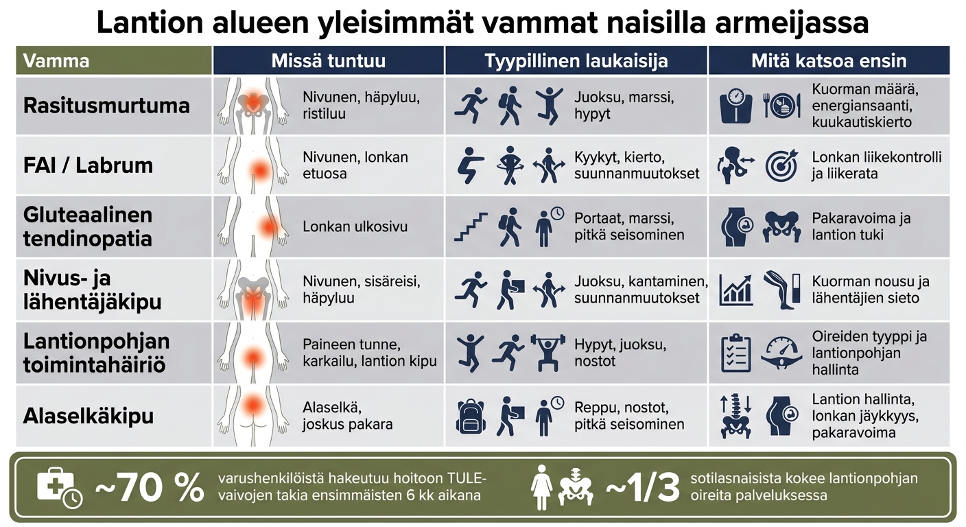 Lantion alueen yleisimmät vammat naisilla armeijassa – vertailu