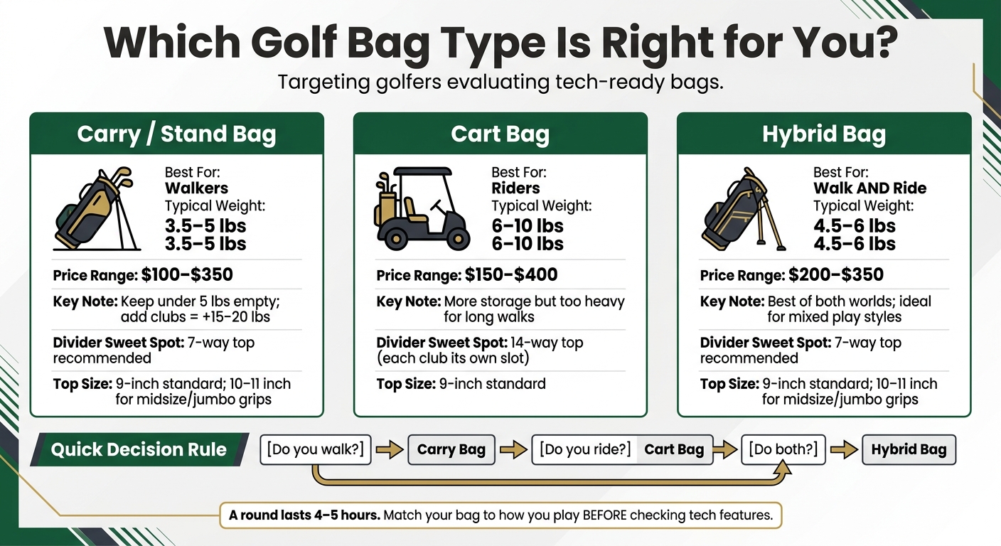 Tech-Ready Golf Bag Types: Carry vs. Cart vs. Hybrid Comparison