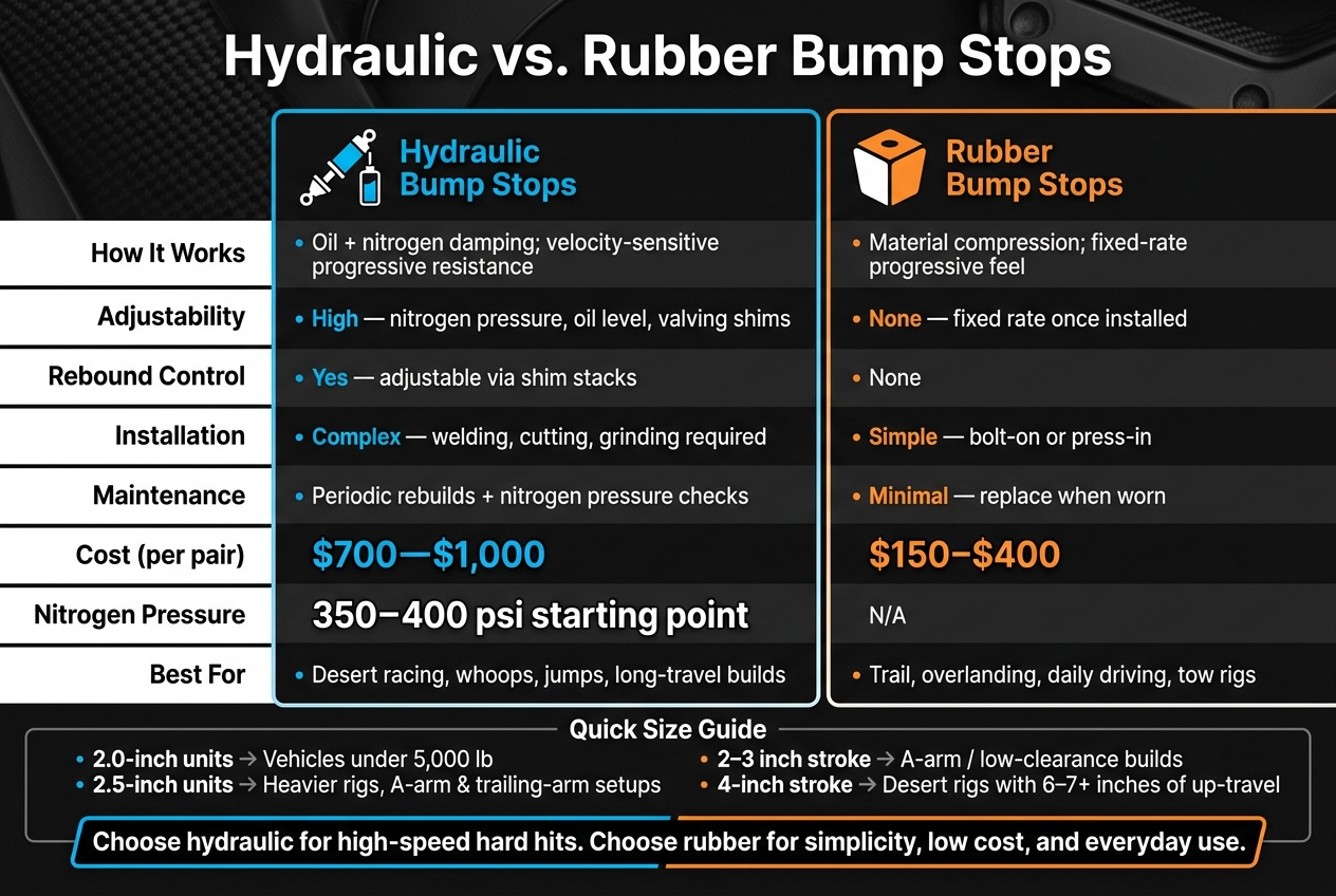 Hydraulic vs. Rubber Bump Stops: Full Comparison Chart