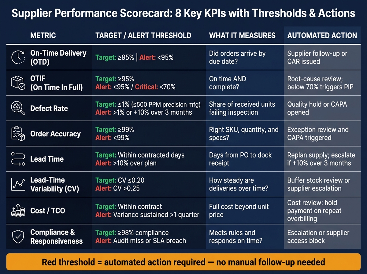 Supplier Performance Scorecard: 8 Key KPIs with Thresholds & Actions