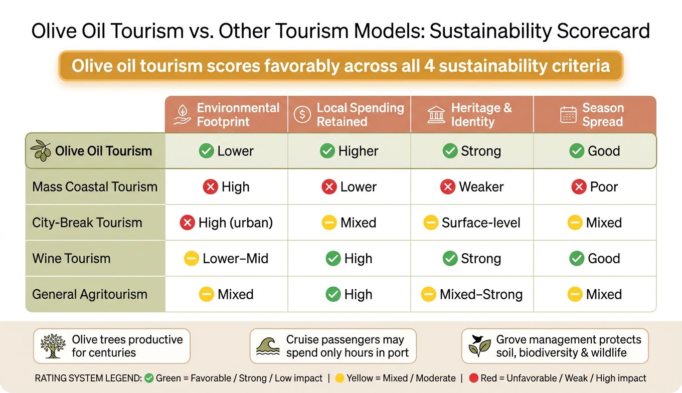 Olive Oil Tourism vs. Other Tourism Models: Sustainability Scorecard