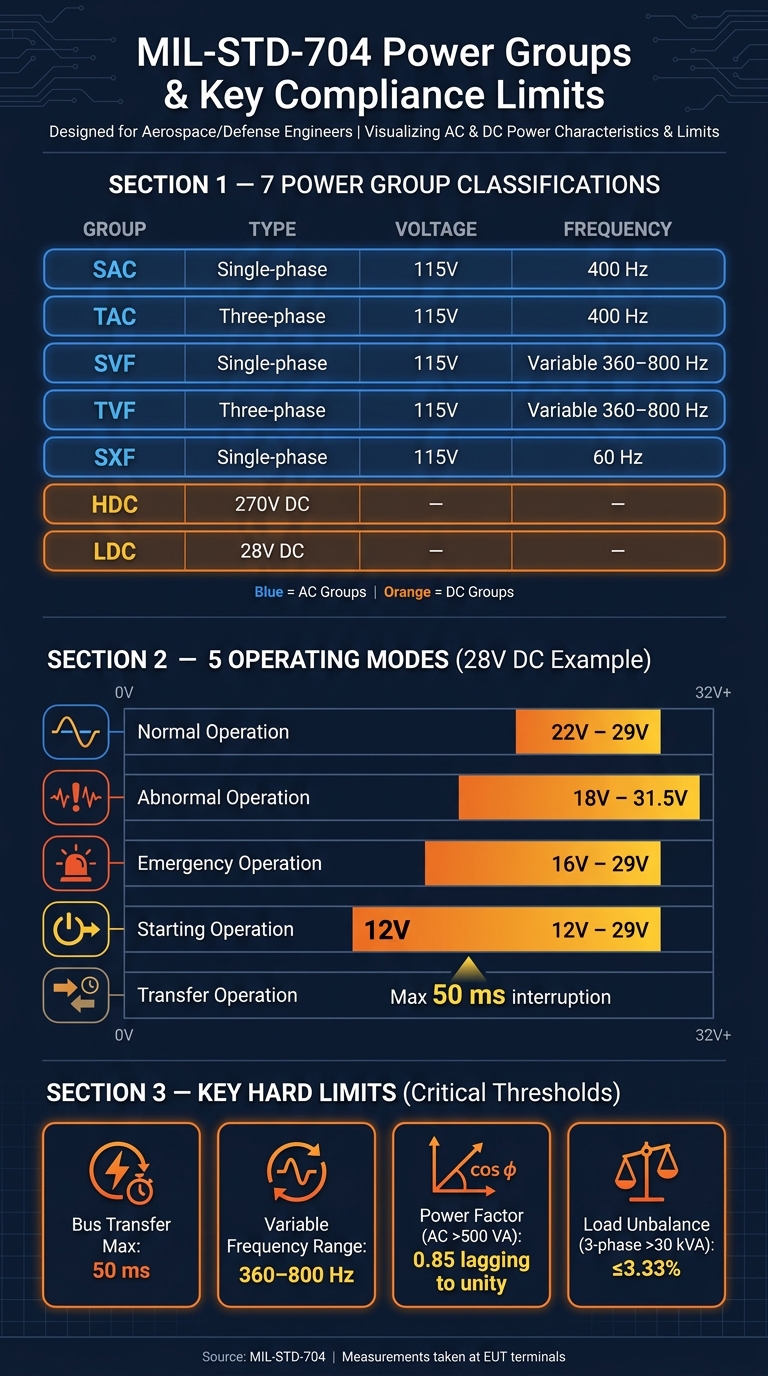 MIL-STD-704 Power Groups & Key Compliance Limits at a Glance