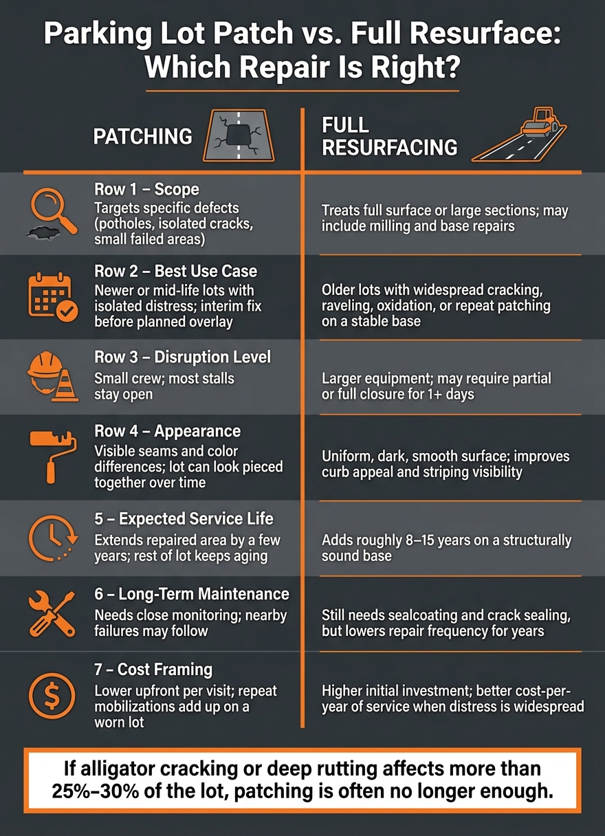 Parking Lot Patch vs. Full Resurface: Which Repair Is Right?