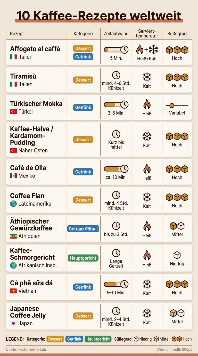 10 Kaffee-Rezepte weltweit: Zeitaufwand, Kategorie & Geschmack im Überblick