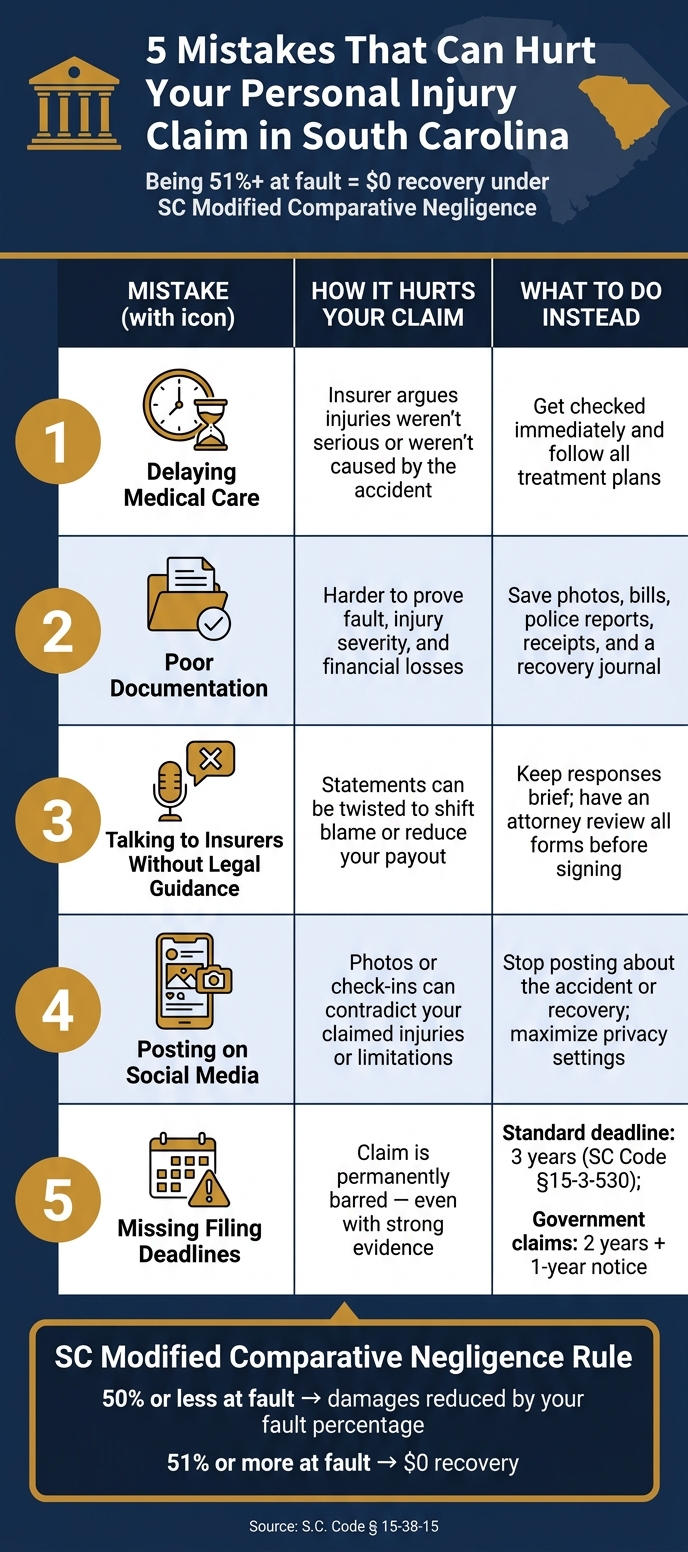 5 Mistakes That Can Hurt Your Personal Injury Claim in South Carolina 1 5 Mistakes That Can Hurt Your SC Personal Injury Claim