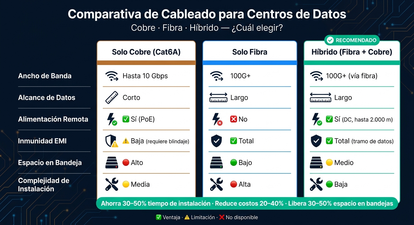 Cable Híbrido vs Solo Cobre vs Solo Fibra: Comparativa Técnica para Centros de Datos