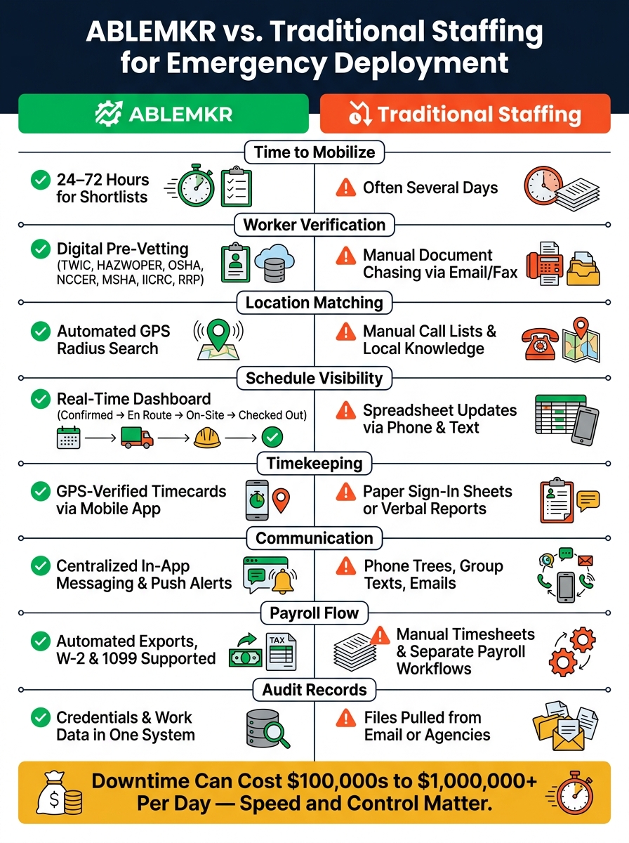 ABLEMKR vs. Traditional Staffing: Emergency Workforce Deployment Comparison