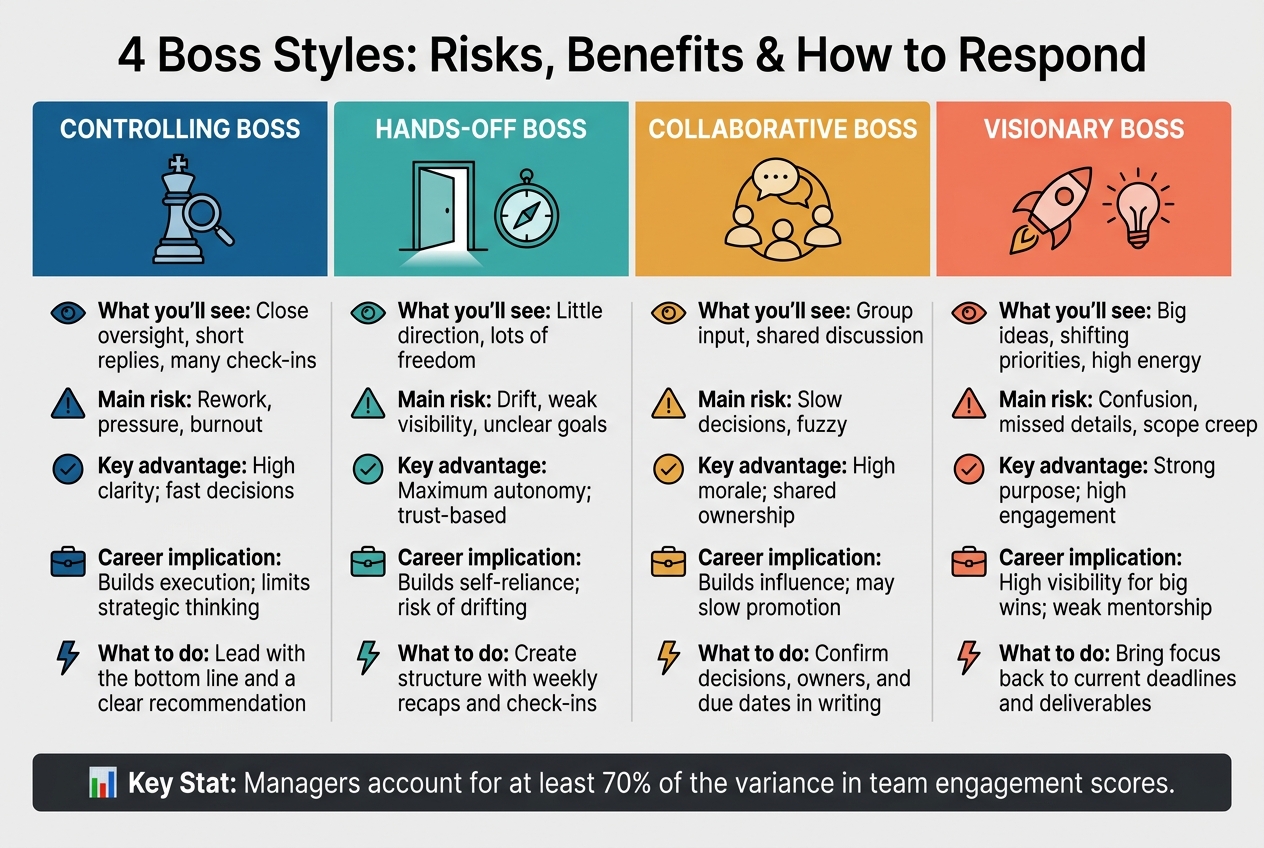4 Boss Styles: Risks, Benefits & How to Respond - Infographic © MyDifficultBoss.com